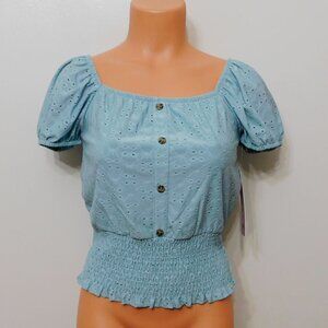 JR10 Crave Fame Dusty Aqua Juniors' Smocked-Waist Eyelet Top